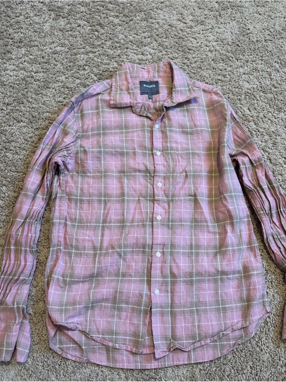 Bonobos Pink and Olive Plaid Long-Sleeve Button-Down Shirt